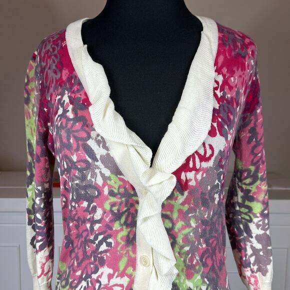 Anthropologie Tabitha Ruffle Floral Button Front Cardigan Pockets Cotton Size M - Picture 4 of 14